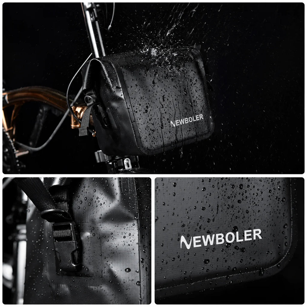 Sacoche de cadre vélo Newboler noire étanche testée sous la pluie, 3 vues