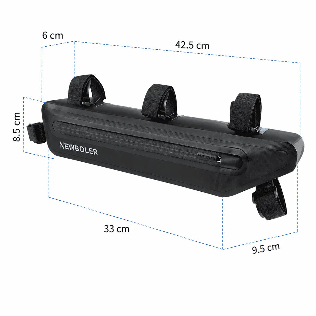 Sacoche de cadre vélo noire avec dimensions annotées, vue de profil.