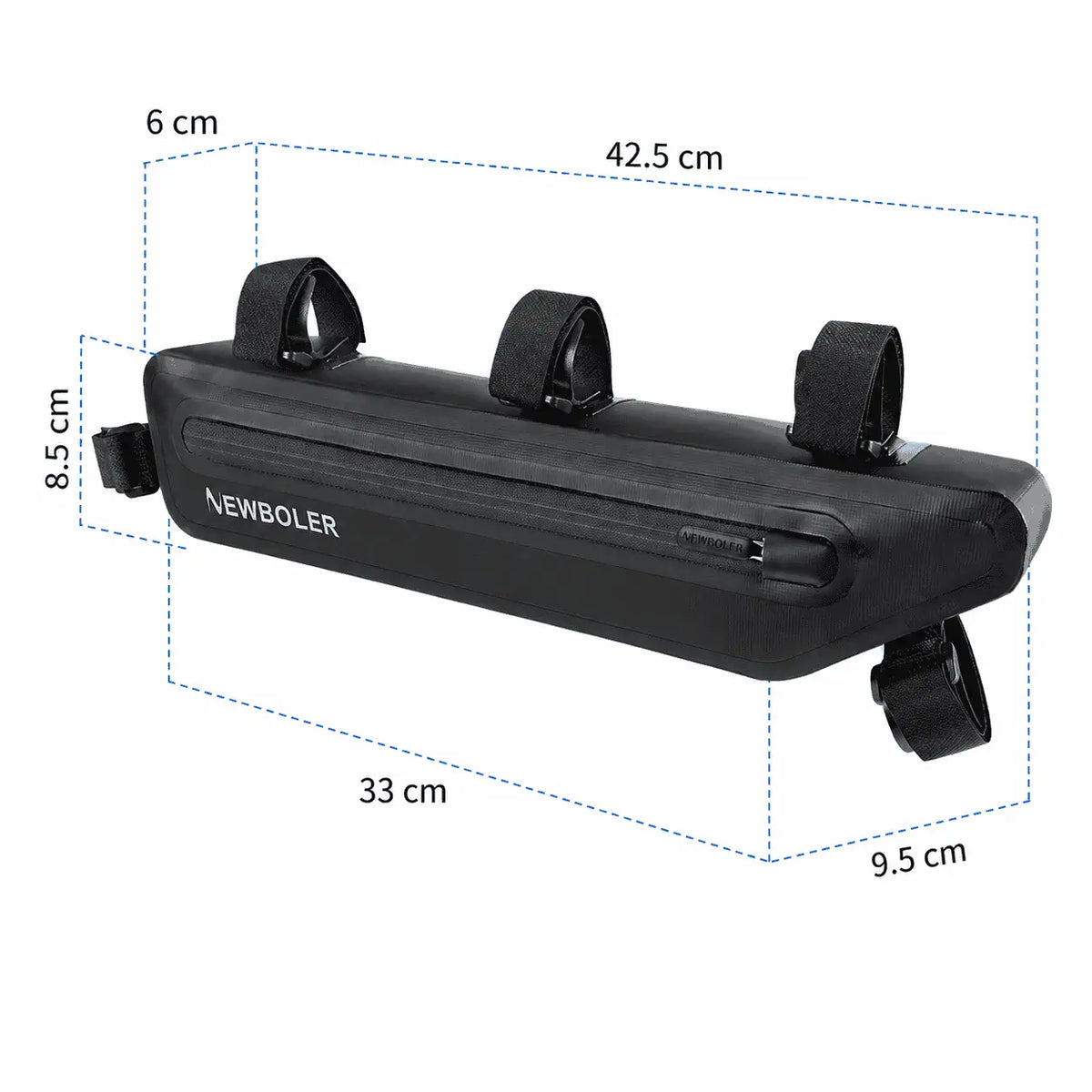 Sacoche de cadre vélo noire avec dimensions annotées, vue de profil.