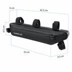Sacoche de cadre vélo noire avec dimensions annotées, vue de profil.