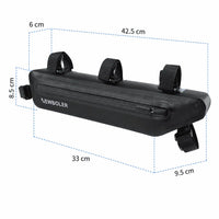 Sacoche de cadre vélo noire avec dimensions annotées, vue de profil.