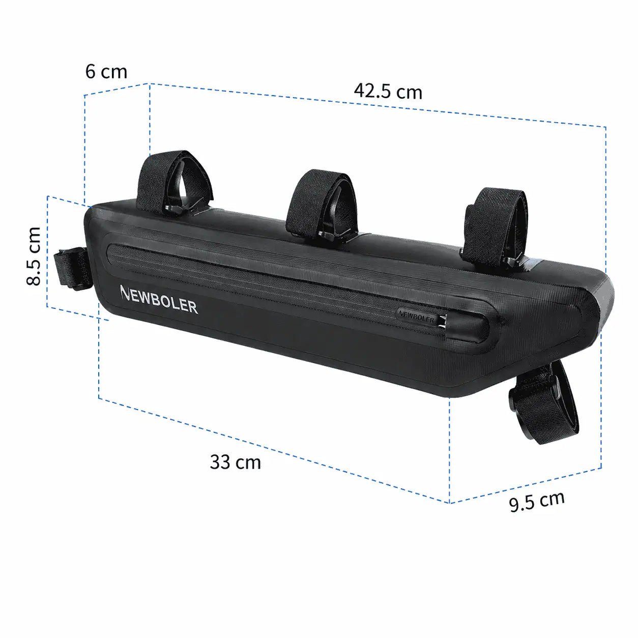 Sacoche de cadre vélo noire avec dimensions annotées, vue de profil.