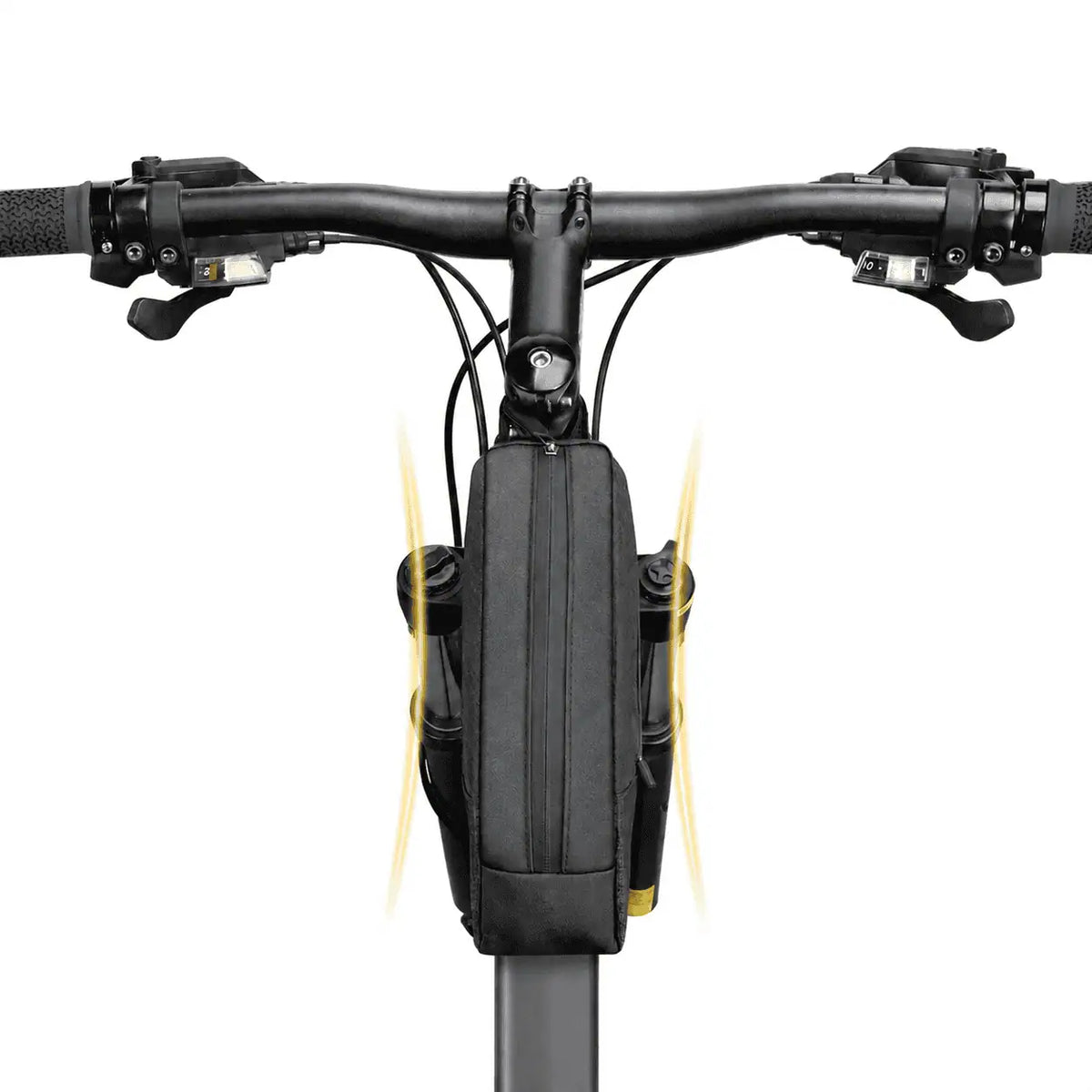 Sacoche de cadre noire installee sous la potence d'un velo, vue de face avec points de fixation