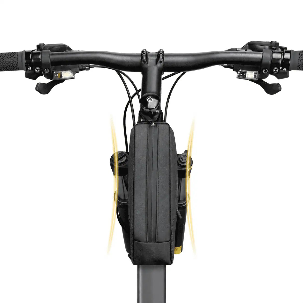 Sacoche de cadre noire installee sous la potence d'un velo, vue de face avec points de fixation