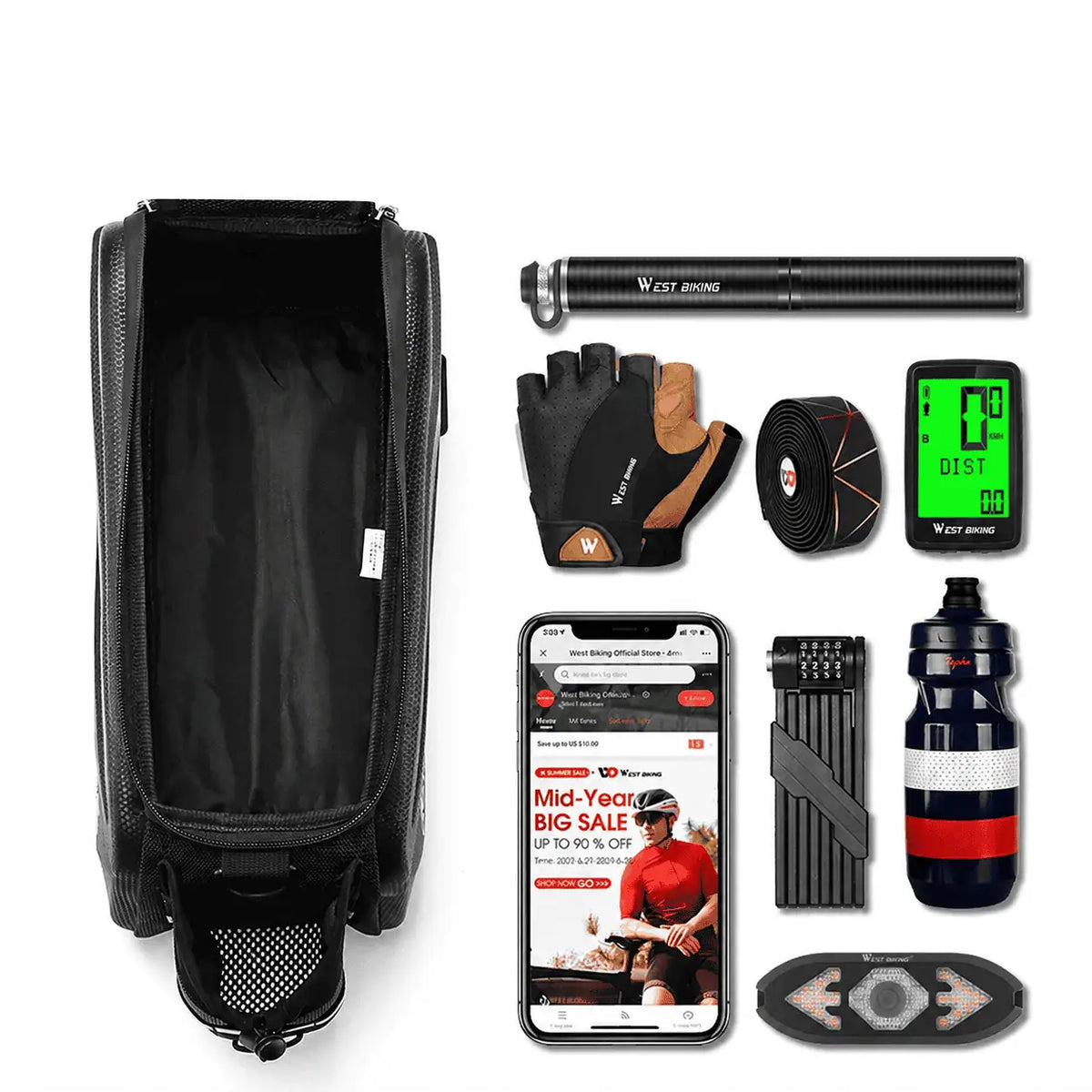Sacoche de cadre velo noire ouverte presentee avec des accessoires velo incluant pompe gants compteur et bidon.