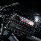 Sacoche de cadre vélo noire avec porte-téléphone transparent sous la pluie