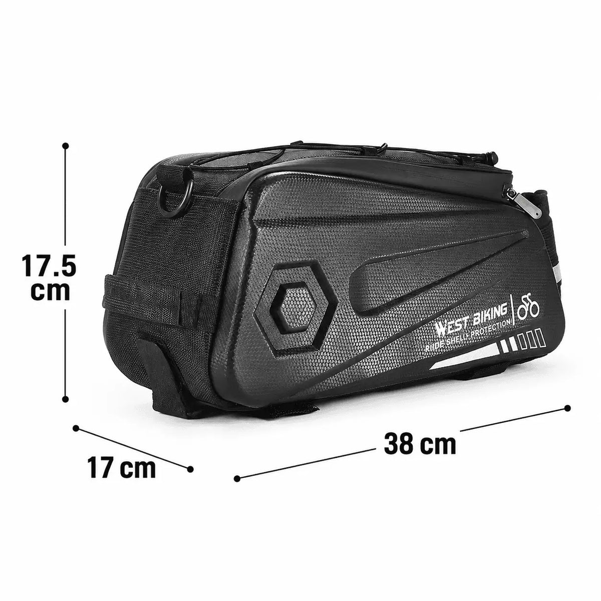 Sacoche de cadre velo noire a coque rigide presentee avec ses dimensions 38 cm par 17 cm sur fond blanc.