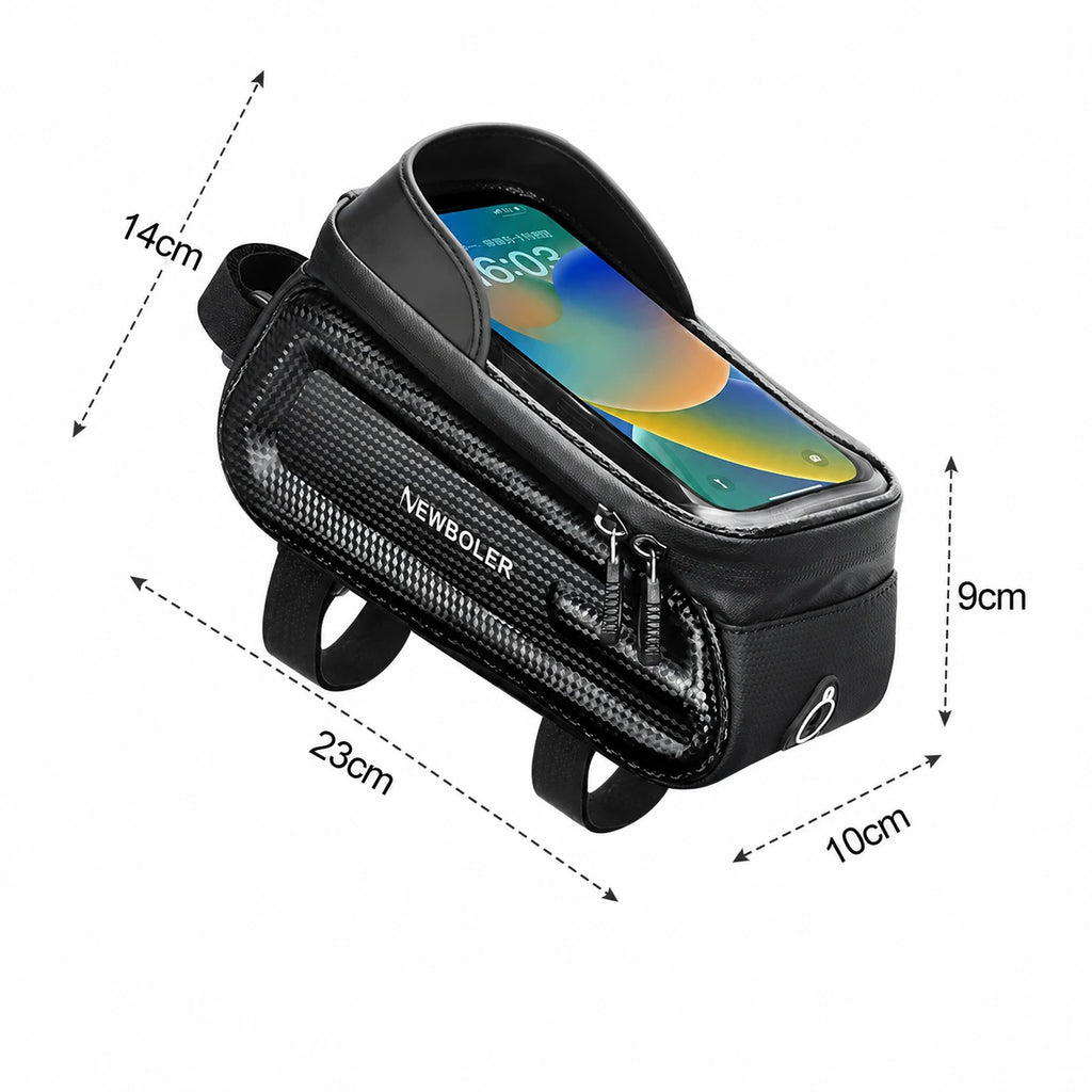 Sacoche de cadre velo noire avec fenetre telephone affichant les dimensions 23 par 14 par 9 cm sur fond blanc.