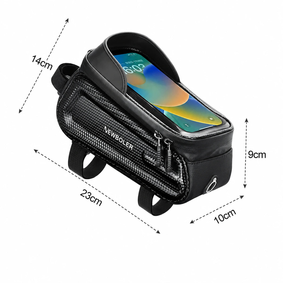 Sacoche de cadre velo noire avec fenetre telephone affichant les dimensions 23 par 14 par 9 cm sur fond blanc.