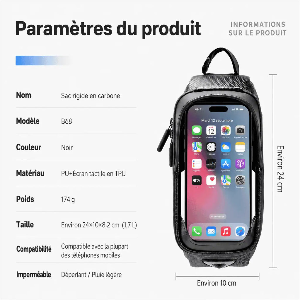 Tableau des paramètres produit : nom, modèle, couleur, matériau, poids et dimensions