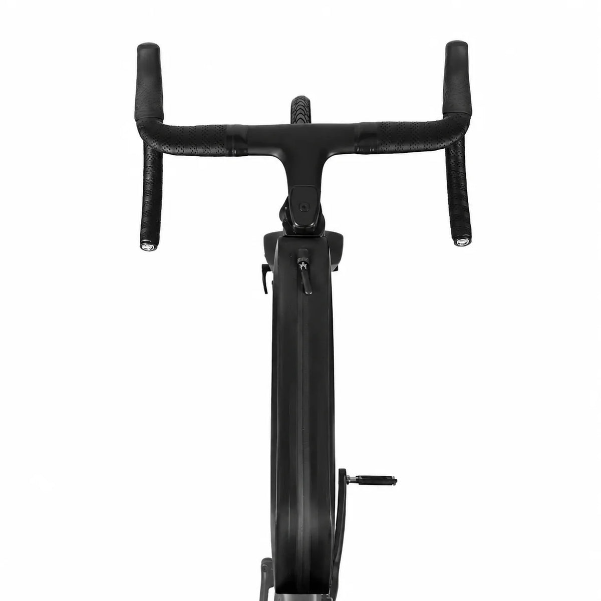 Sacoche de cadre fixée sous la potence d'un vélo de route noir vue de face