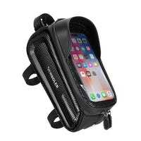 Sacoche de cadre velo noire avec fenetre tactile pour smartphone, presentee avec un telephone visible, sur fond blanc.