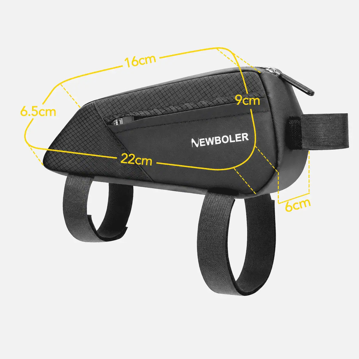 Sacoche triangulaire de cadre velo noire avec ses dimensions annotees en jaune sur fond clair