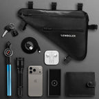 Sacoche de cadre vélo triangulaire noire avec accessoires pouvant être rangés : pompe, téléphone, portefeuille