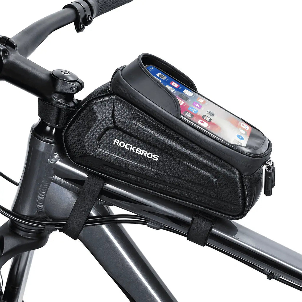 Sacoche de cadre vélo noire montée sur le tube supérieur, téléphone dans la fenêtre tactile