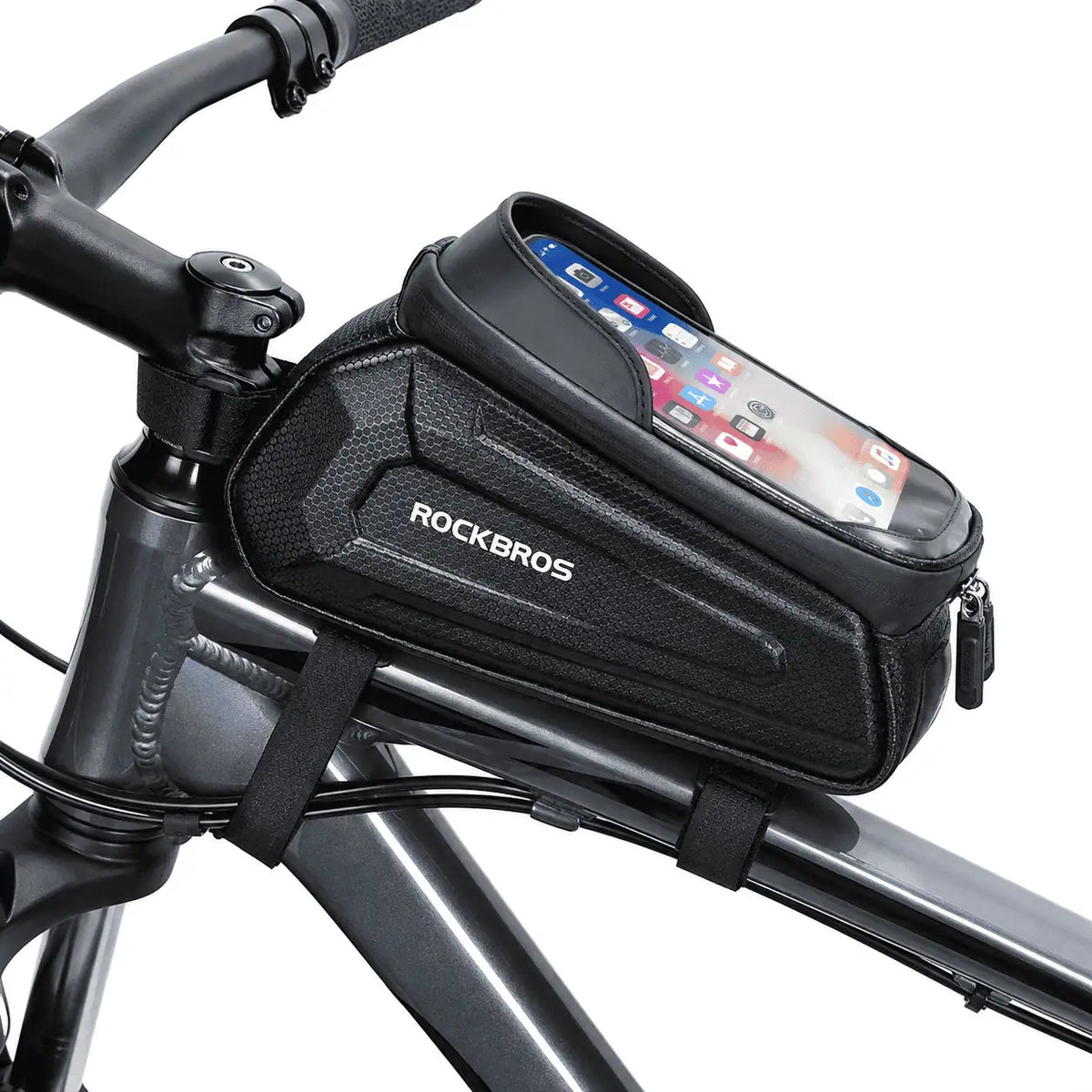 Sacoche de cadre vélo noire montée sur le tube supérieur, téléphone dans la fenêtre tactile
