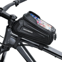 Sacoche de cadre vélo noire montée sur le tube supérieur, téléphone dans la fenêtre tactile