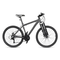 VTT gris équipé d'une sacoche cylindrique noire fixée sur la fourche avant vue de côté