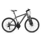 VTT gris équipé d'une sacoche cylindrique noire fixée sur la fourche avant vue de côté