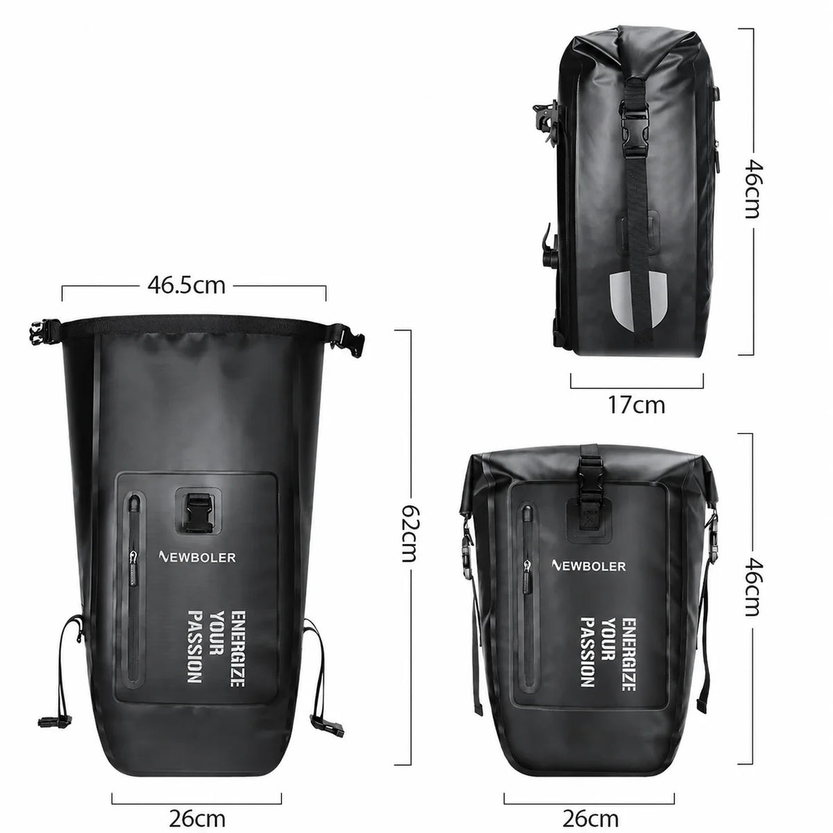 Schéma des dimensions d'une sacoche à dos vélo noire avec 3 vues et mesures 62 x 46 x 26 cm