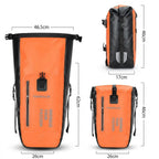 Schéma des dimensions d'une sacoche à dos vélo orange et noire avec mesures 46 x 62 cm