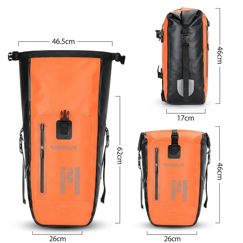 Schéma des dimensions d'une sacoche à dos vélo orange et noire avec mesures 46 x 62 cm