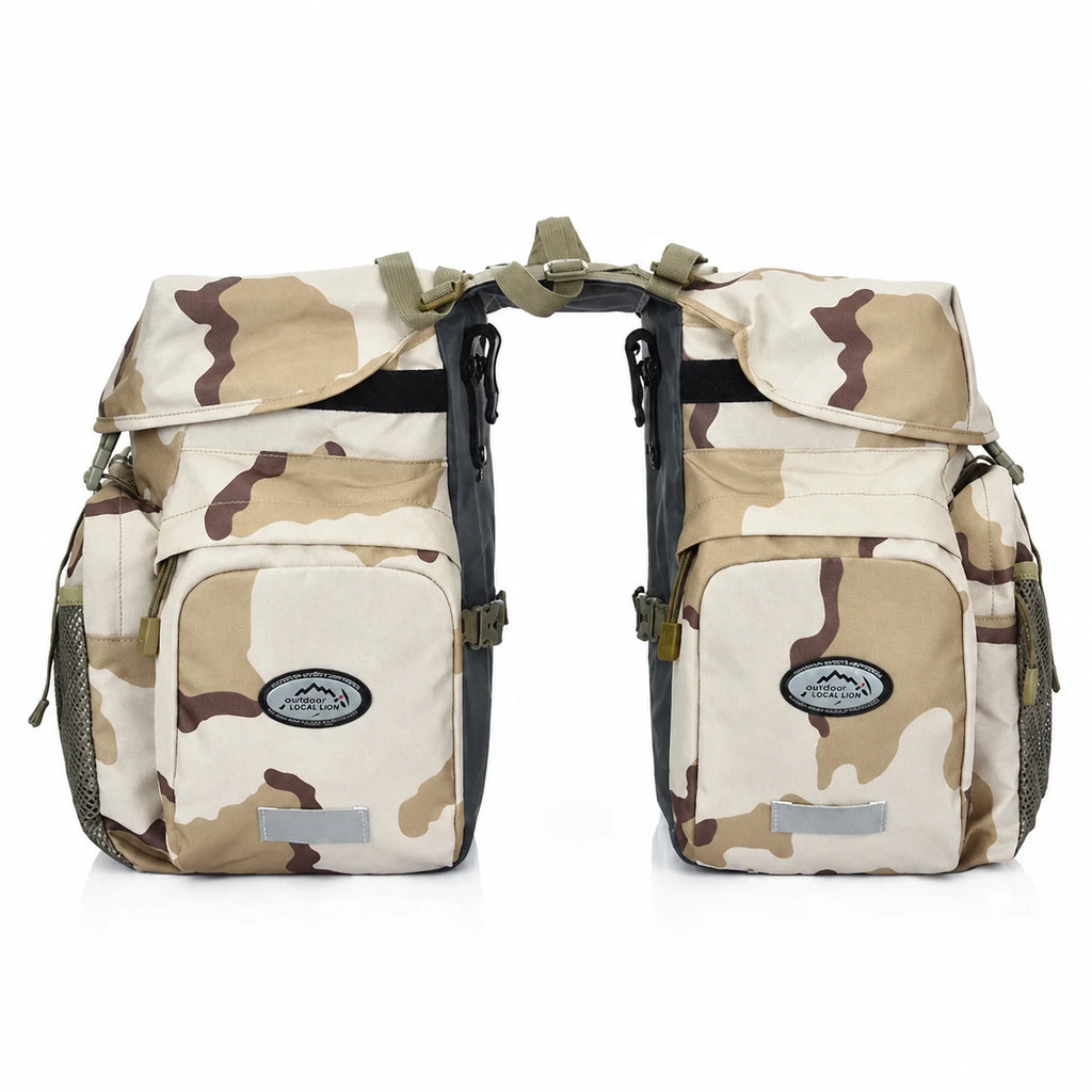 Sacoche double vélo porte-bagage motif camouflage beige vue de face