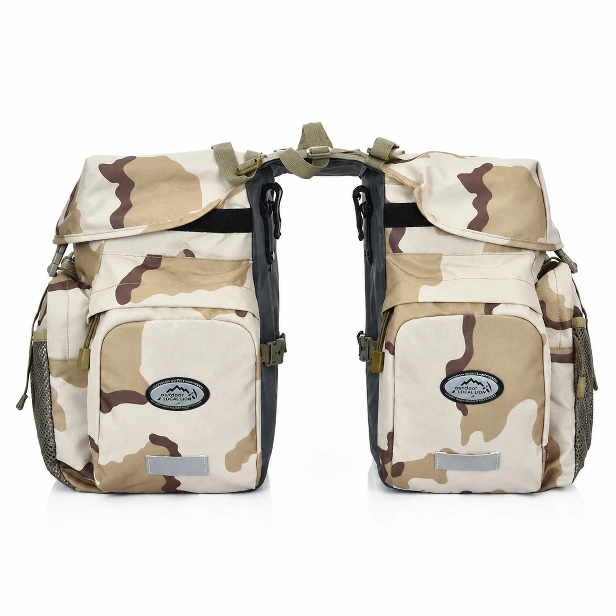 Sacoche double vélo porte-bagage motif camouflage beige vue de face