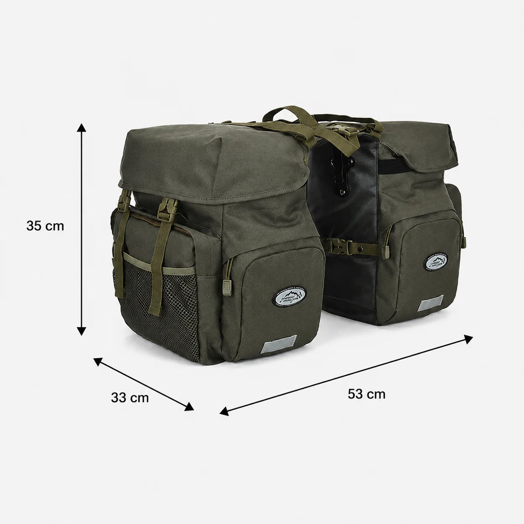Sacoche double vélo porte bagage kaki et noire avec dimensions 35x53 cm