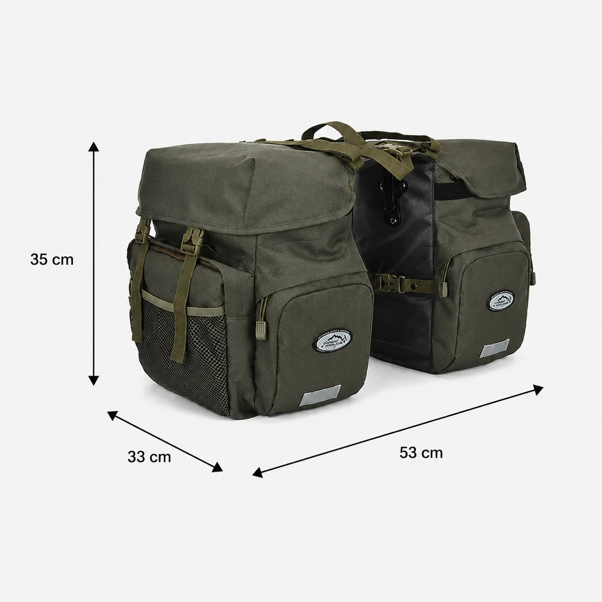 Sacoche double vélo porte bagage kaki et noire avec dimensions 35x53 cm