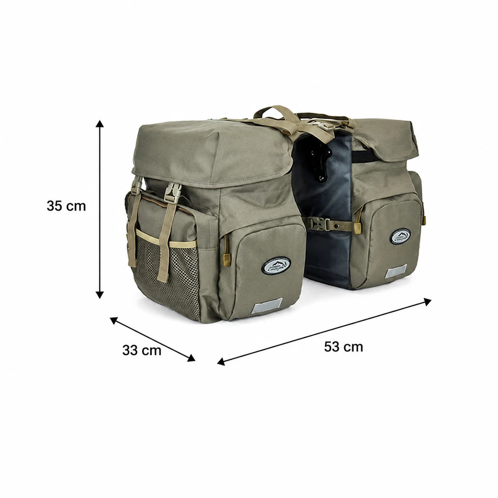 Sacoche double vélo porte-bagage kaki et grise avec dimensions 35x33x53 cm