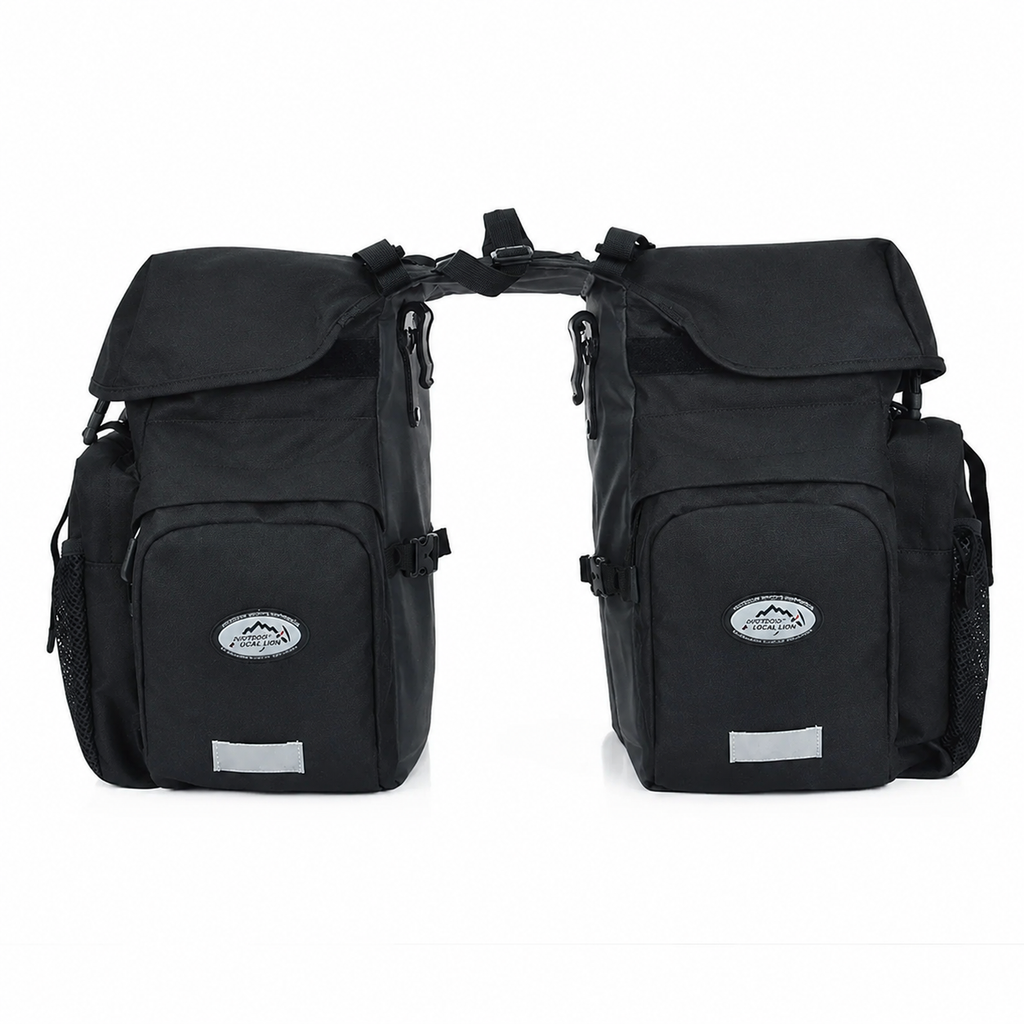 Sacoche double vélo porte-bagage noire vue de face avec deux poches