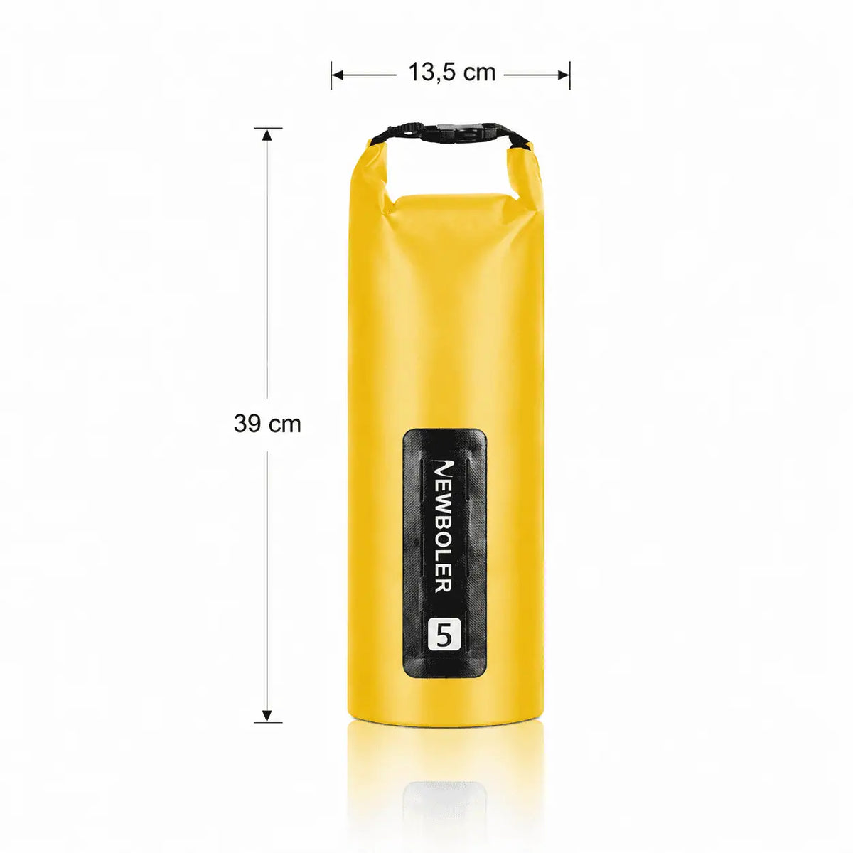 Sacoche de fourche jaune 5L etanche avec dimensions annotees 13,5 x 39 cm, vue de face sur fond blanc.