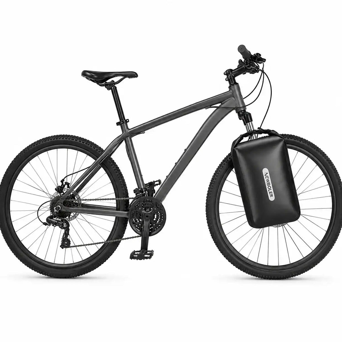 VTT gris avec sacoche de fourche noire Newboler vue de côté complète