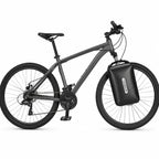 VTT gris avec sacoche de fourche noire Newboler vue de côté complète