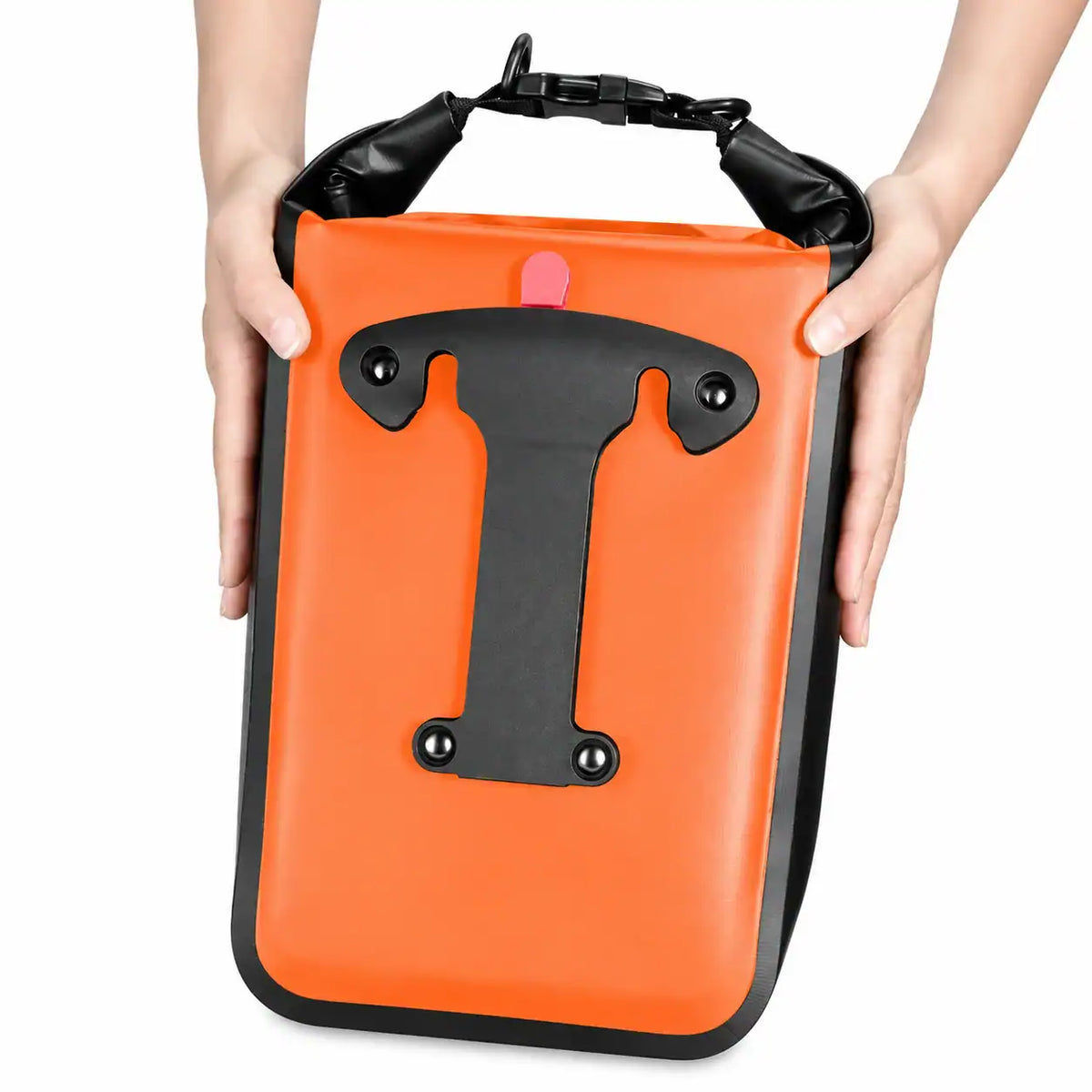 Dos de la sacoche de fourche orange avec système de fixation en T et languette rose