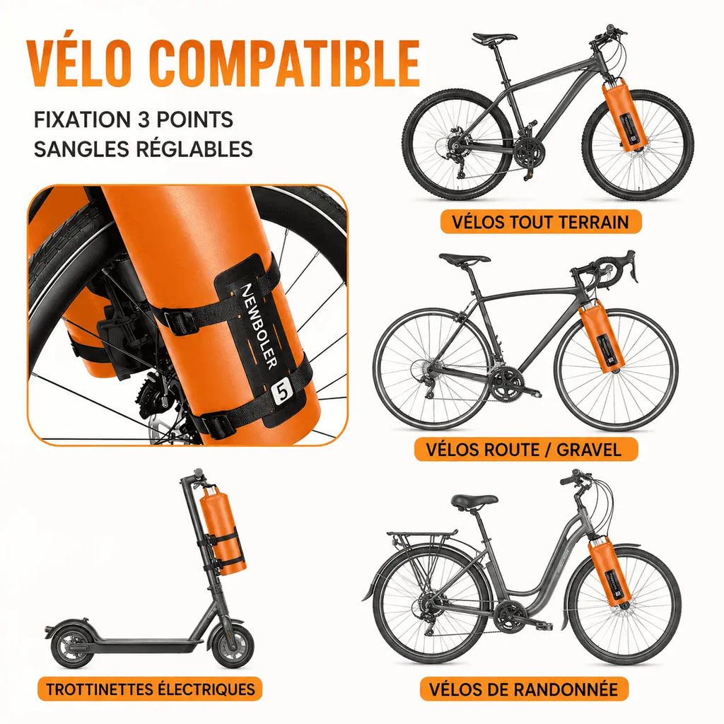 Compatibilité de la fixation 3 points : VTT, vélo de route, gravel, trottinette, vélo de randonnée