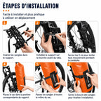 Quatre étapes d'installation de la sacoche 5L sur son support de fourche