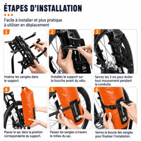 Quatre étapes d'installation de la sacoche 5L sur son support de fourche