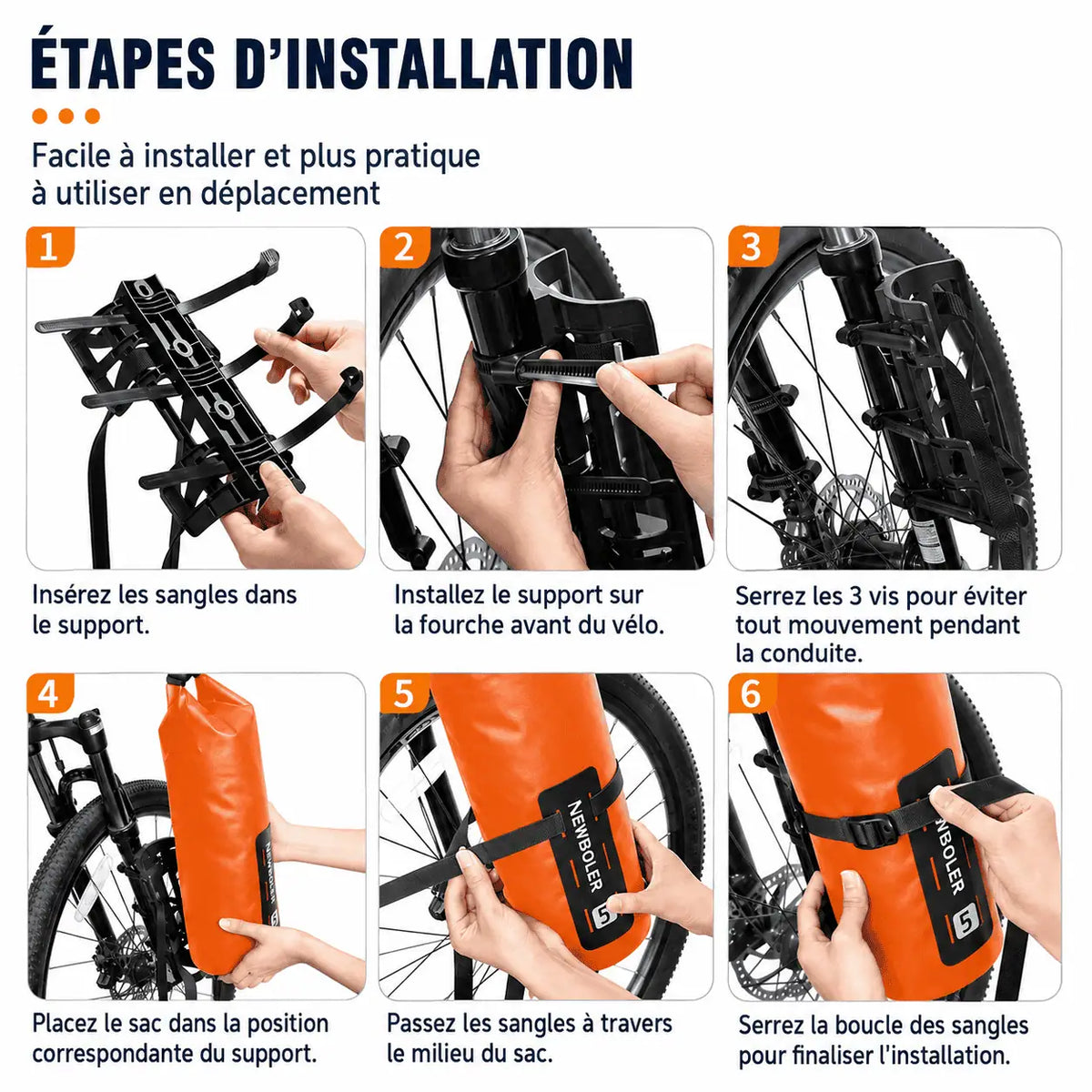 Quatre étapes d'installation de la sacoche 5L sur son support de fourche