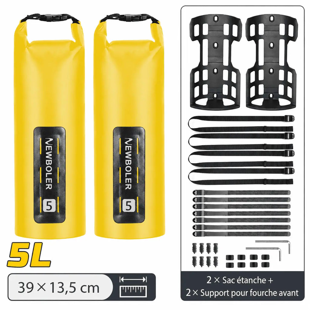 Lot de deux sacoches de fourche 5L jaunes avec deux supports, 39 × 13,5 cm