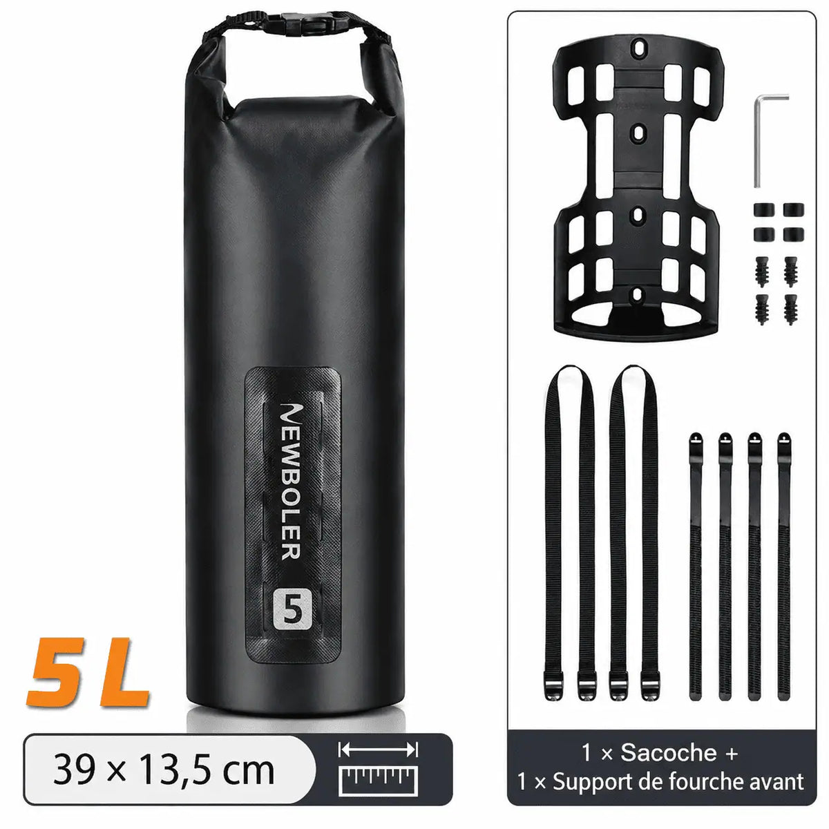 Sacoche de fourche 5L noire vendue avec un support, 39 × 13,5 cm