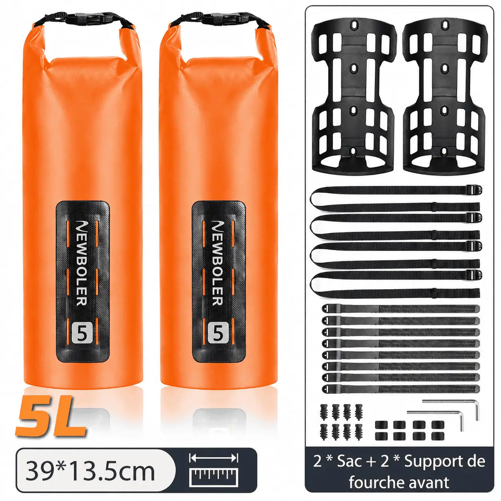 Lot de deux sacoches de fourche 5L orange avec deux supports, 39 × 13,5 cm