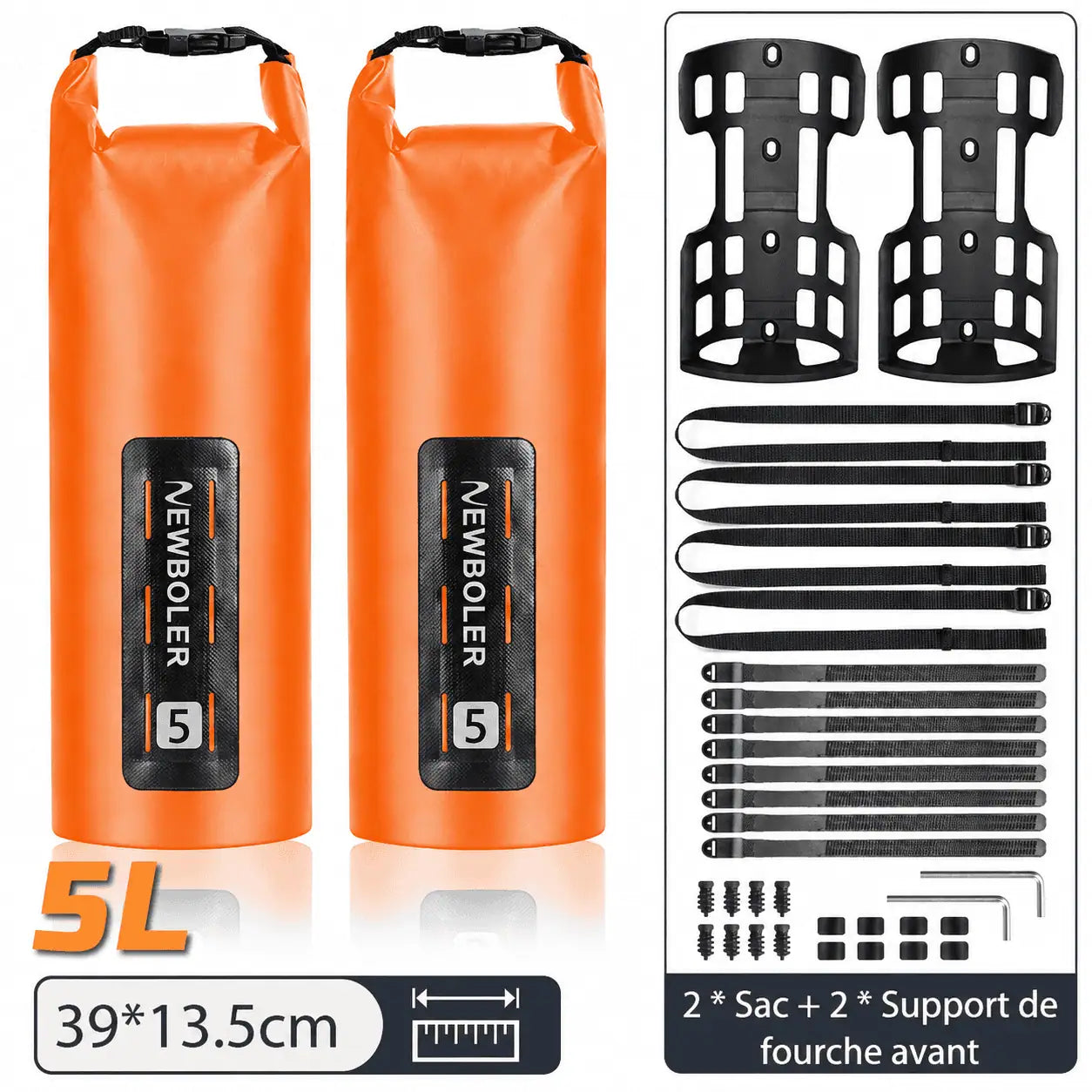 Lot de deux sacoches de fourche 5L orange avec deux supports, 39 × 13,5 cm