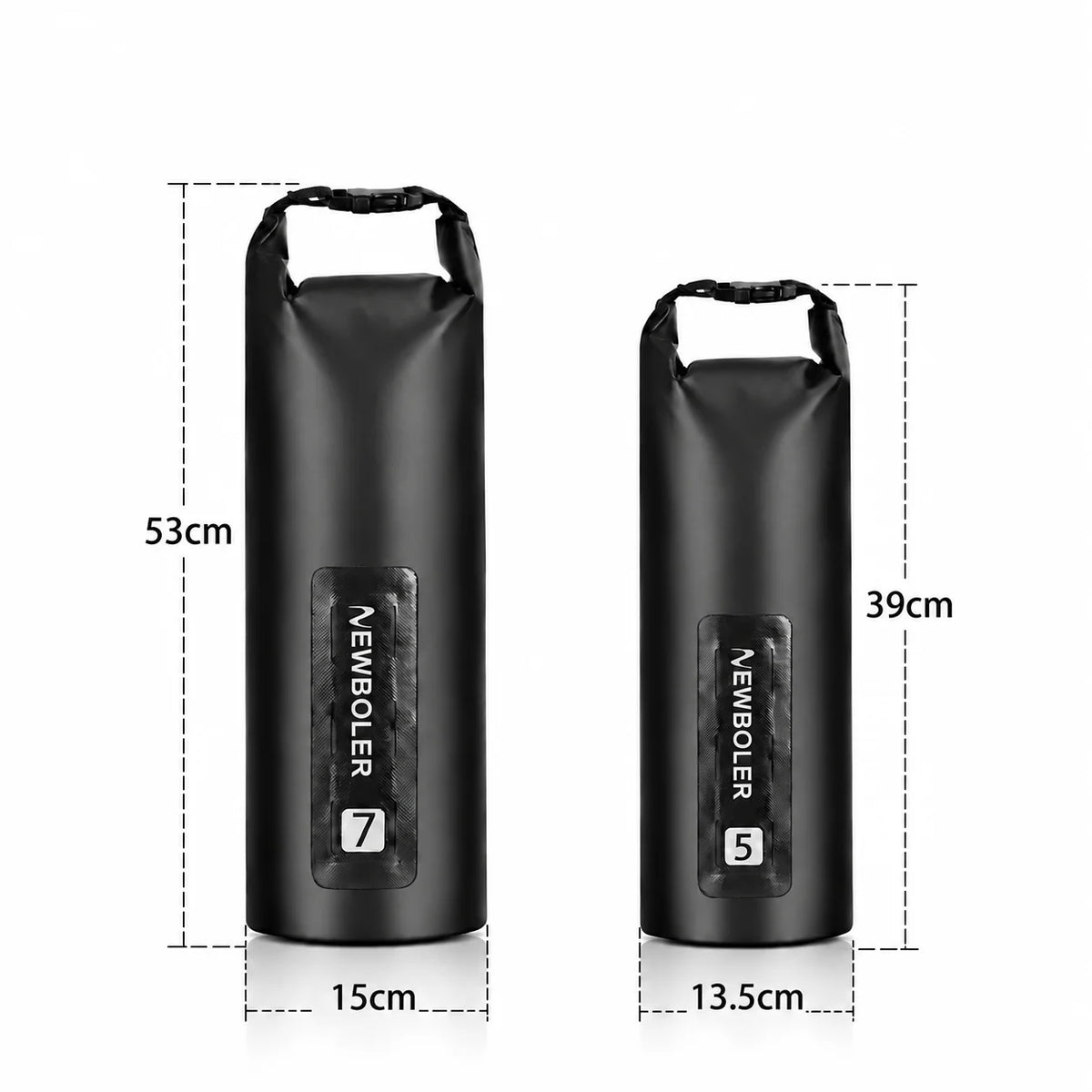 Dimensions des sacoches de fourche vélo étanches : 7 L (53 x 15 cm) et 5 L (39 x 13,5 cm)