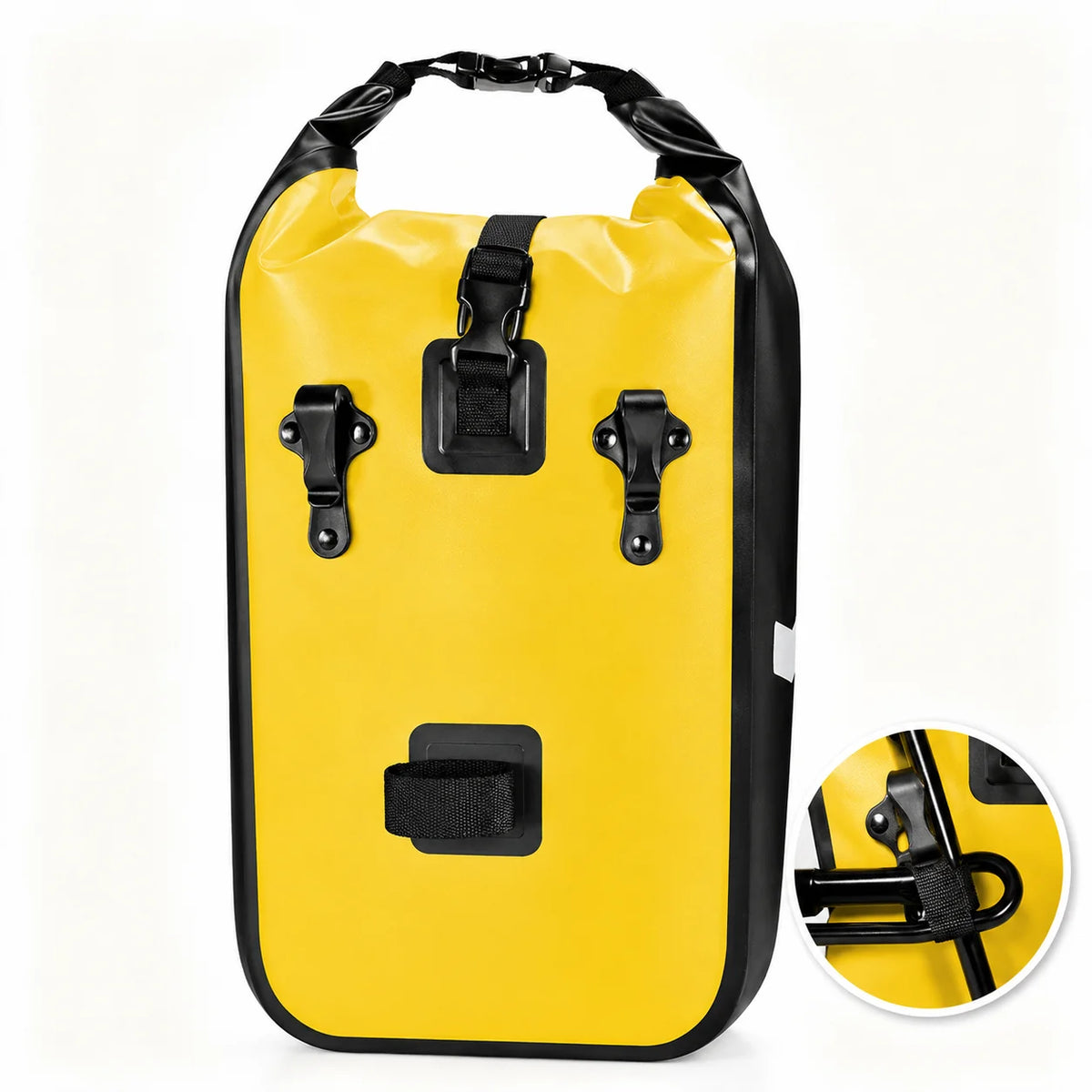 Sacoche de fourche cylindrique jaune avec sangles de fixation noires, vue de face avec zoom sur le systeme d'attache