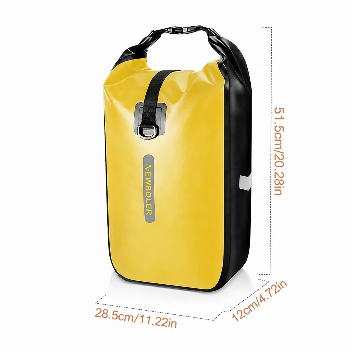Sacoche de porte-bagages jaune avec ses dimensions annotées 51,5 cm sur 28,5 cm