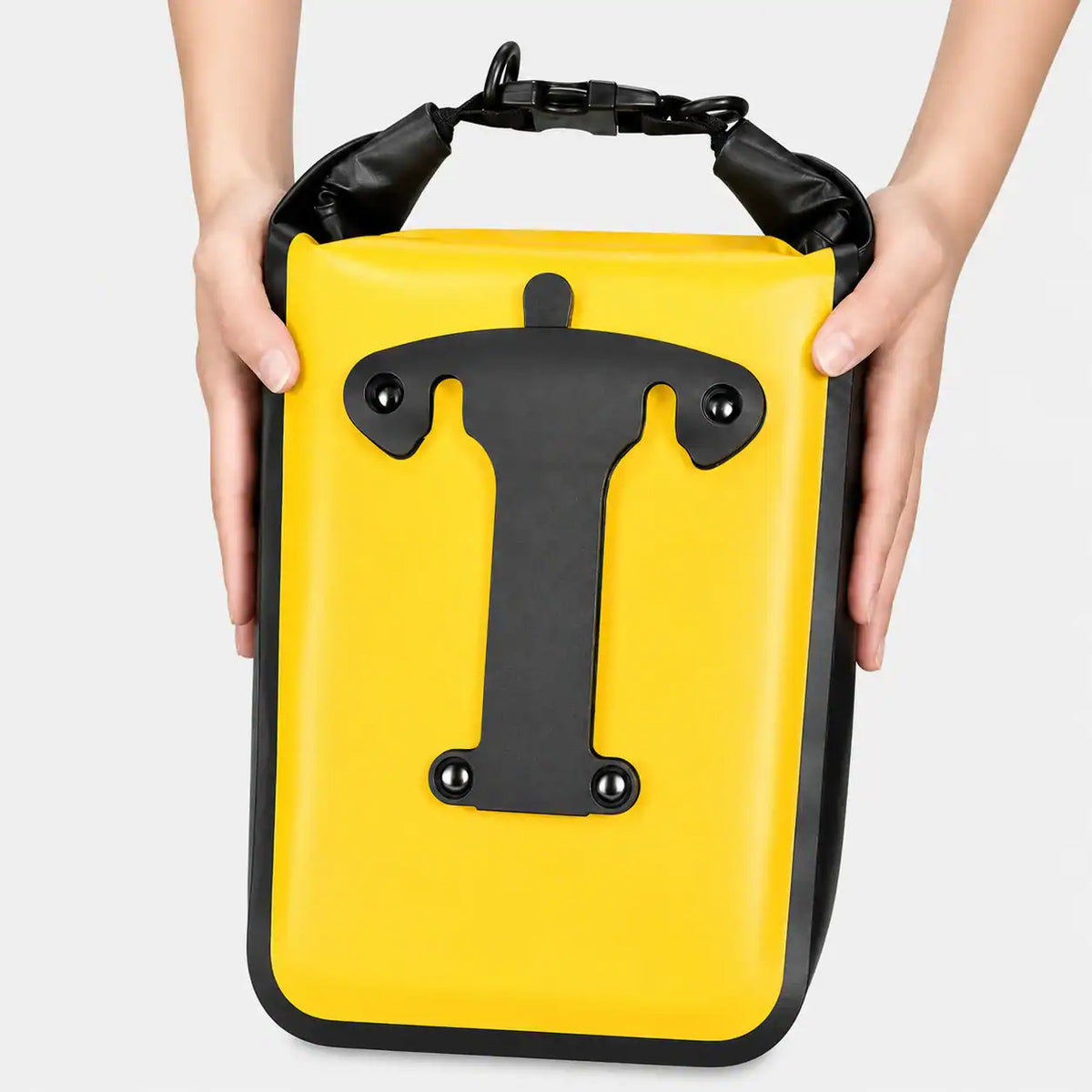 Dos de la sacoche de fourche vélo jaune avec le système de fixation en T visible