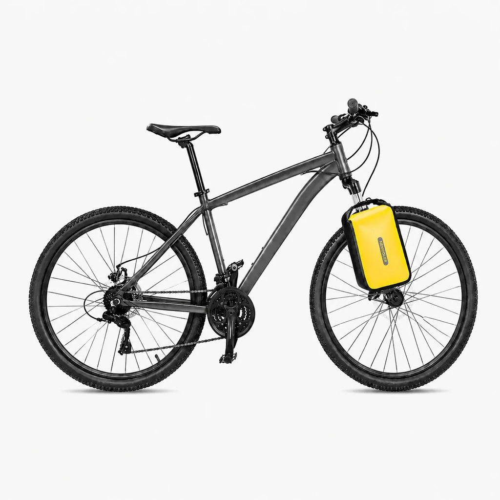Sacoche de fourche vélo jaune fixée sur un VTT gris vue de côté
