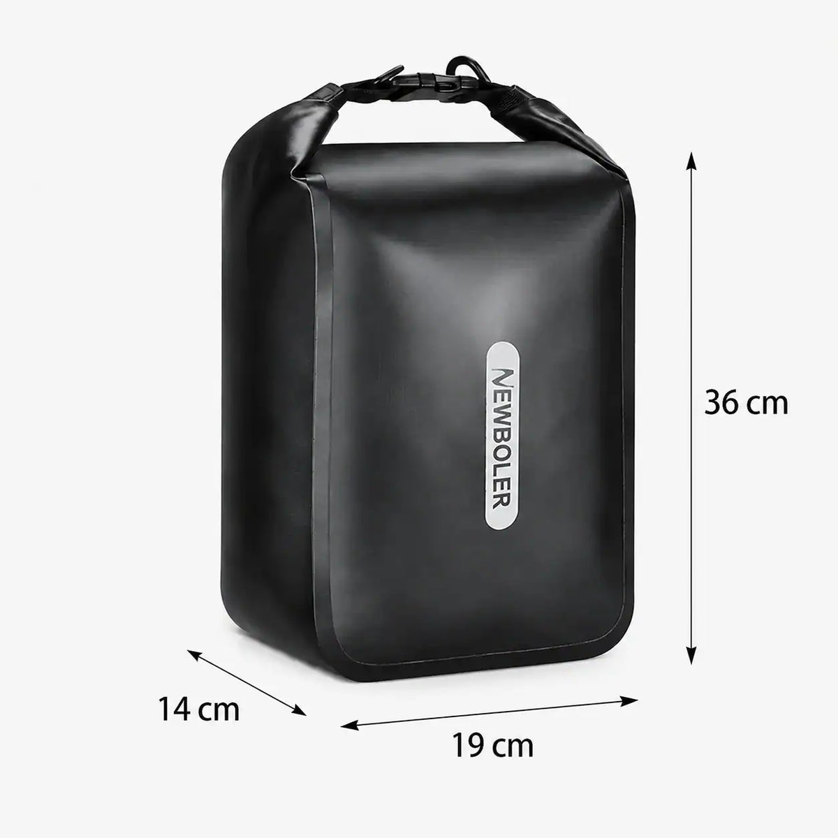 Sacoche de fourche vélo noire Newboler avec ses dimensions 36x19x14 cm